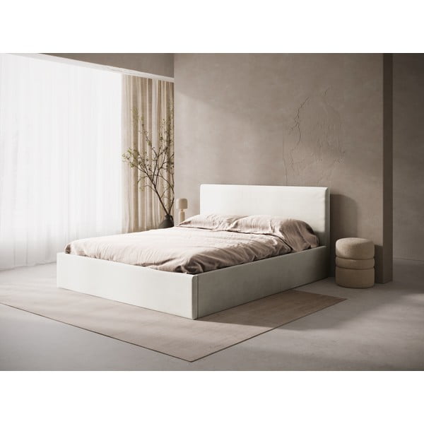 Smėlio spalvos dvigulė lova audiniu dengta su sandėliavimo vieta/be galvūgalio su lovos grotelėmis 160x200 cm Susan – Micadoni -image-1