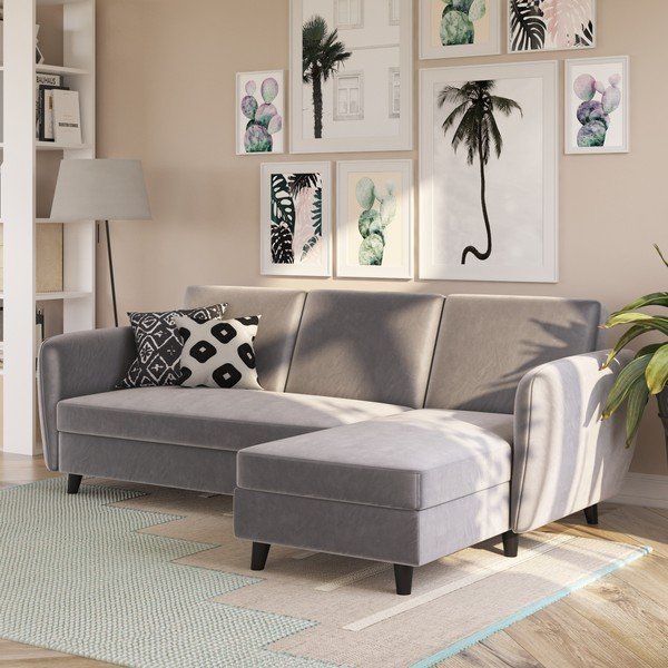 Iš velveto sulankstoma kampinė sofa pilkos spalvos Perry – Støraa-image-4