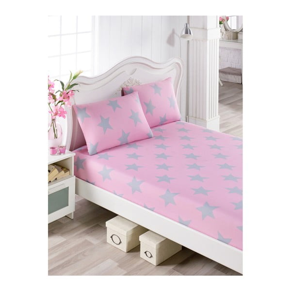 Medvilninės rožinės spalvos paklodės ir 2 užvalkalų rinkinys viengulėlei lovai Stars Lusno, 100 x 200 cm