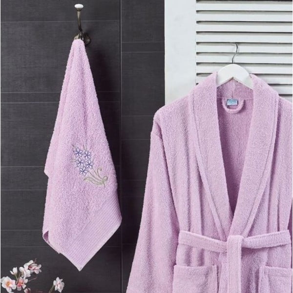 Šviesiai rožinės spalvos iš medvilnės chalatų ir rankšluosčių komplektas S/M – Mila Home-image-1