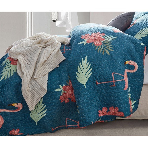 Mėlyna mikropluošto lovatiesė su dviem užvalkalais Sleeptime Flamingo, 180 x 250 cm-image-1