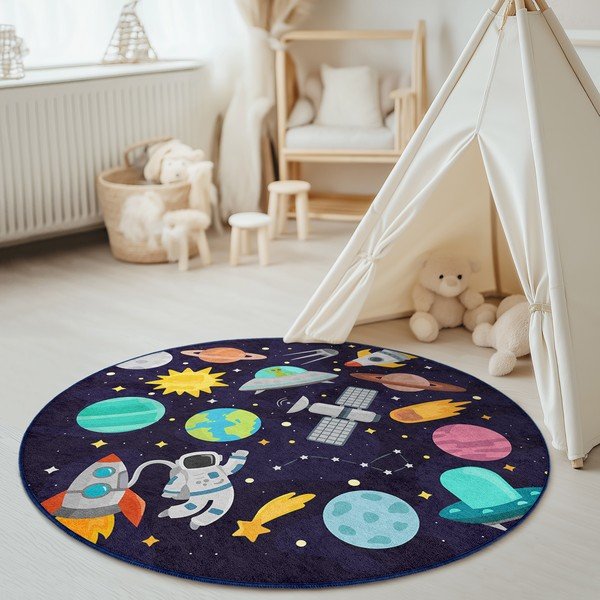 Skalbiamas tamsiai mėlynos spalvos vaikiškas žaidimų kilimas ø120 cm Into The Space – Mila Home-image-4
