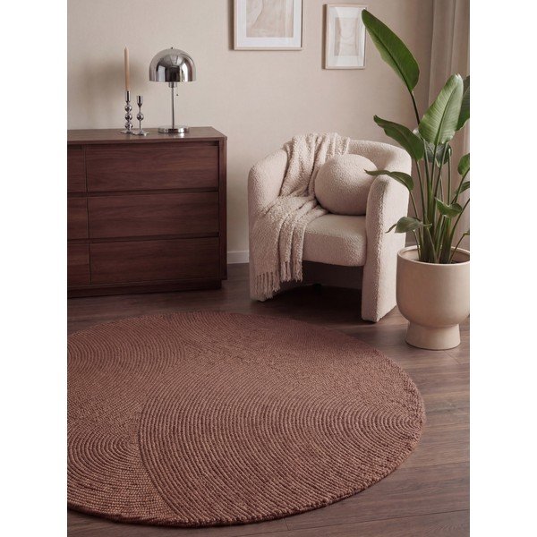 Rankų darbo terakotos spalvos iš vilnos apvalios formos kilimas ø 120 cm Calmio – Hanse Home-image-1