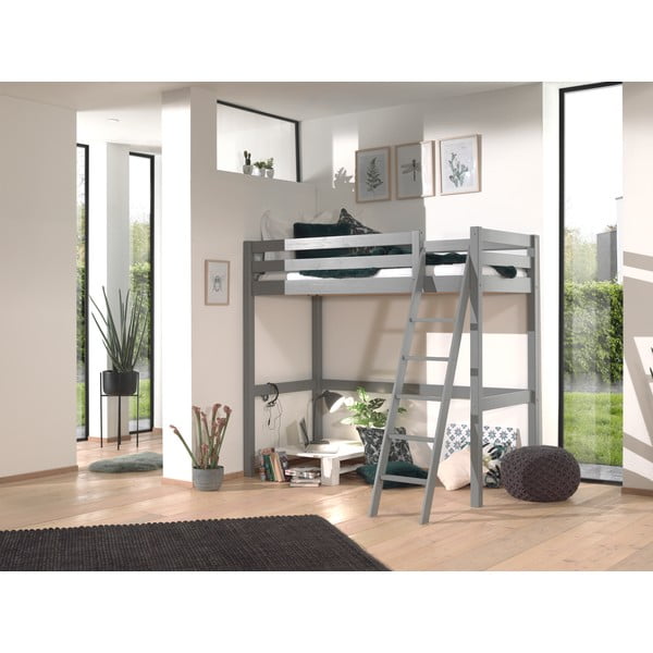 Paaukštinta iš pušies masyvo vaikiška lova pilkos spalvos 90x200 cm PINO – Vipack-image-1