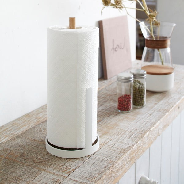 Baltas popierinių rankšluosčių ritinėlių laikiklis su buko medienos detalėmis YAMAZAKI Tosca-image-3