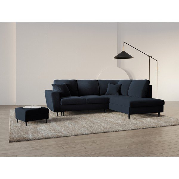 Tamsiai mėlynos spalvos iš velveto sulankstoma/su sandėliavimo vieta kampinė sofa (su dešiniuoju kampu/„L“ formos) Kyoto – Cosmopolitan Design-image-1