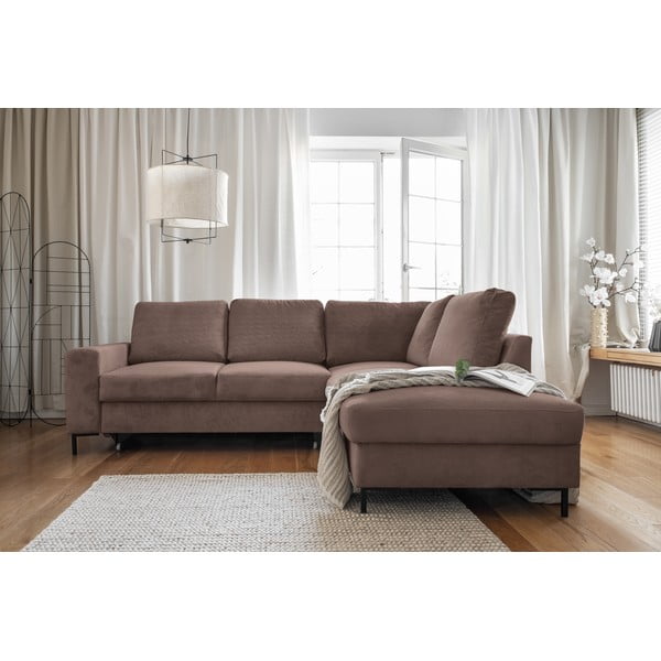 Iš kordinio velveto sulankstoma kampinė sofa rudos spalvos (su dešiniuoju kampu) Lofty Lilly – Miuform-image-4