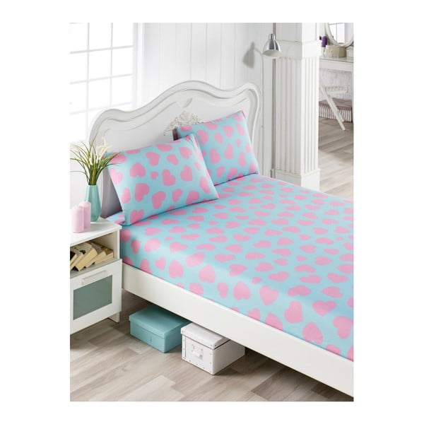 Medvilninės rožinės ir mėlynos spalvos patalynės komplektas ir 2 užvalkalai viengulėlei lovai Mulena Punteja, 100 x 200 cm