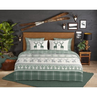 Iš flanelės dvigulė/itin ilga patalynė žalios spalvos/kreminės spalvos 200x220 cm Bjirk – Good Morning