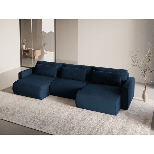 Tamsiai mėlynos spalvos iš velveto sulankstoma/su sandėliavimo vieta kampinė sofa („U“ formos) Belfast – Cosmopolitan Design-image-1