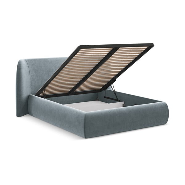 Šviesiai mėlynos spalvos dvigulė lova audiniu dengta su sandėliavimo vieta su lovos grotelėmis 140x200 cm Hauke – Makamii-image-3