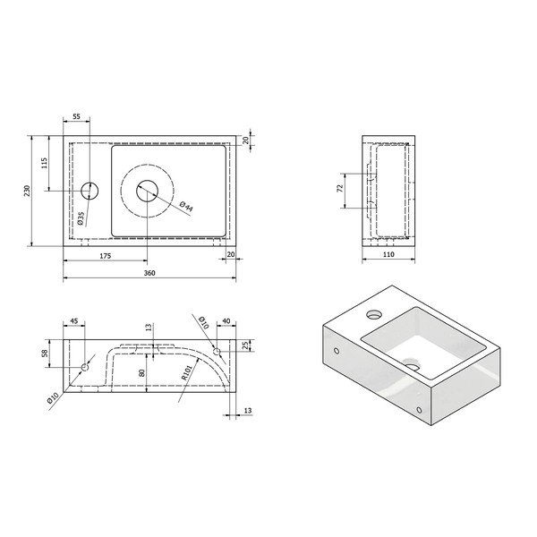 Baltas mažas praustuvas iš lieto marmuro Sapho Alabama, dešinė pusė-image-3