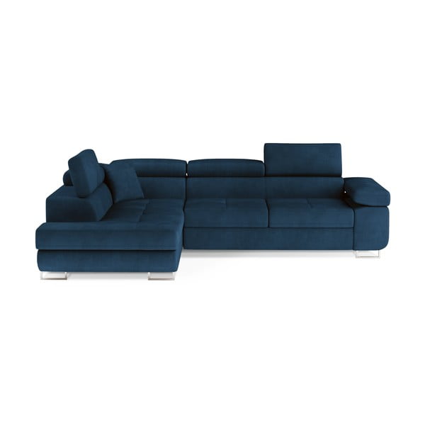 Mėlynos spalvos iš velveto sulankstoma/su sandėliavimo vieta kampinė sofa (su kairiuoju kampu/„L“ formos) Anton – ELTAP