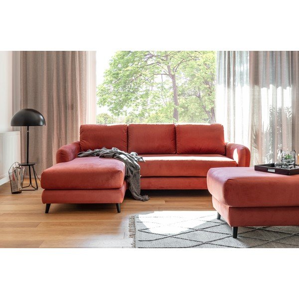 Raudonos spalvos aksominė kampinė sofa su pakoja Miuform Cozy Claire, kairysis kampas-image-4