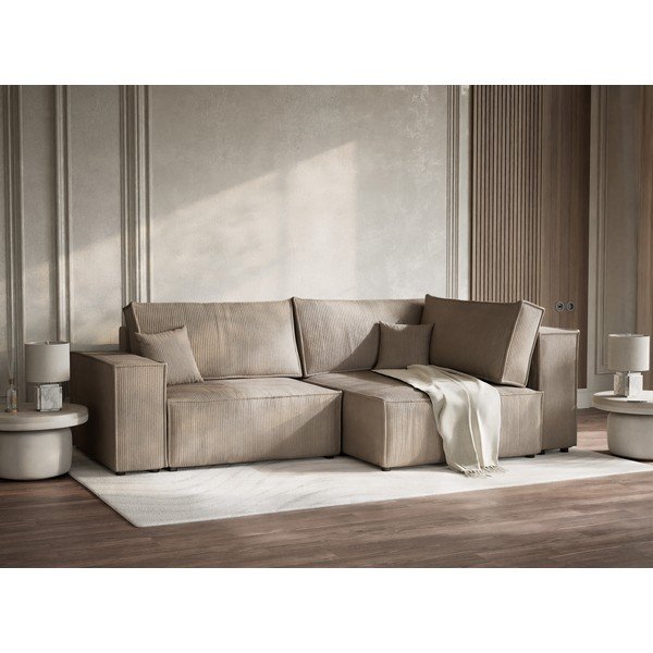 Smėlio spalvos sulankstoma/su sandėliavimo vieta kampinė sofa iš kordinio velveto (su dešiniuoju kampu/„L“ formos) Tonga – Maison de Rêve-image-4