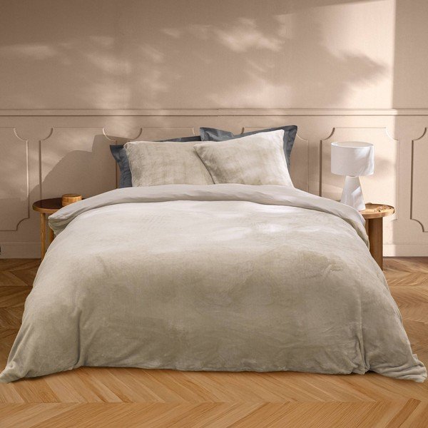 Smėlio spalvos iš mikroflanelės dvigulė/itin ilga patalynė 3 dalių 240x220 cm Flanou – douceur d'intérieur-image-1