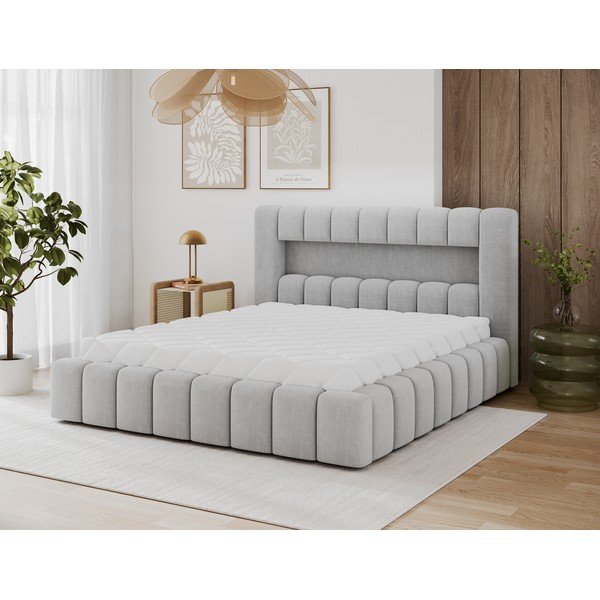 Šviesiai pilkos spalvos dvigulė lova dengta audiniu su sandėliavimo vieta su lovos grotelėmis 160x200 cm Lamica – ELTAP-image-1