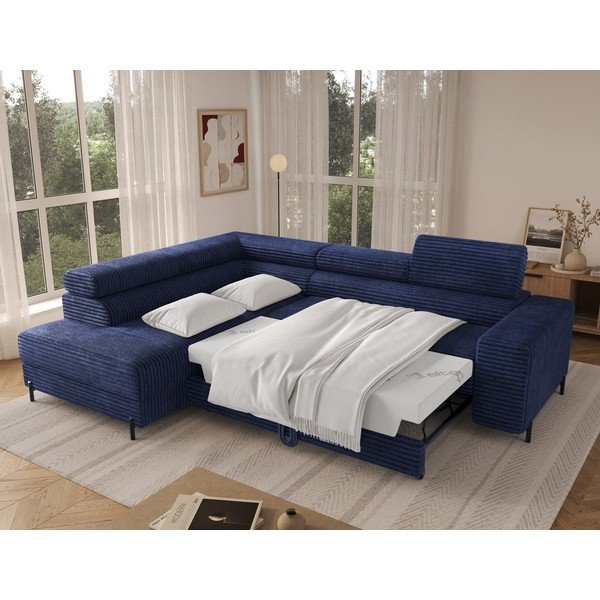 Tamsiai mėlynos spalvos kampinė sofa iš kordinio velveto (su kairiuoju kampu/„L“ formos) Colesio – ELTAP-image-3