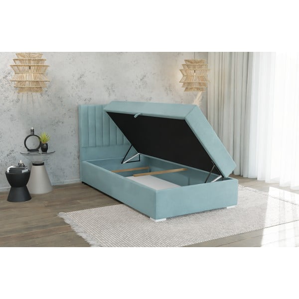 Viengulė lova šviesiai mėlynos spalvos audiniu dengta su sandėliavimo vieta su lovos grotelėmis 100x200 cm Bunny – Ropez-image-3