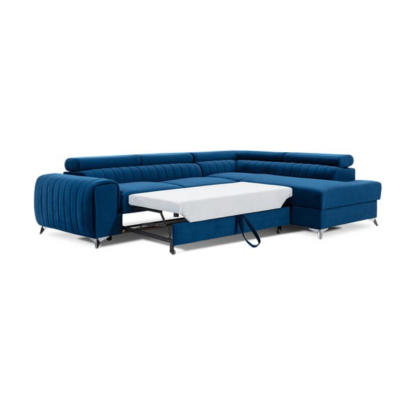 Mėlynos spalvos iš velveto sulankstoma/su sandėliavimo vieta kampinė sofa (su dešiniuoju kampu/„L“ formos) Laurence – ELTAP-image-2
