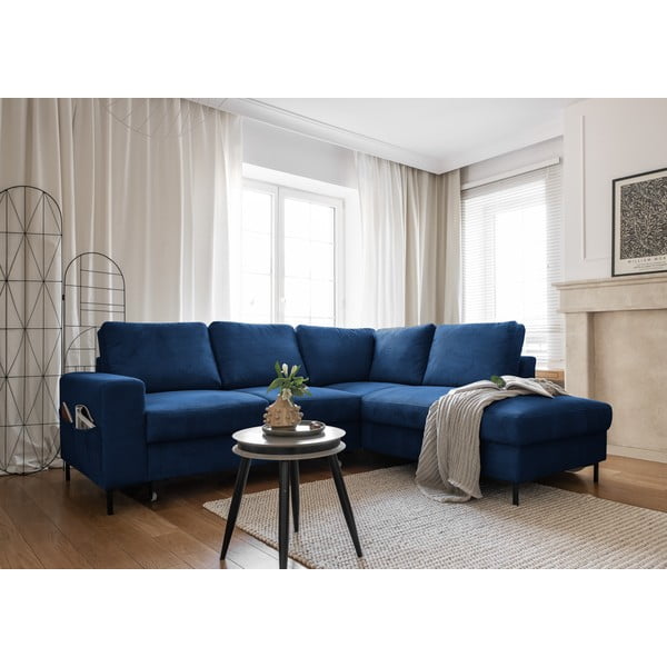 Iš kordinio velveto sulankstoma kampinė sofa tamsiai mėlynos spalvos (su dešiniuoju kampu) Lofty Lilly – Miuform-image-4