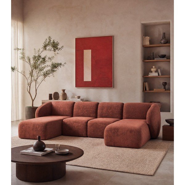 Terakotos spalvos kampinė sofa iš šenilinio audinio („U“ formos) Lani – Makamii-image-1