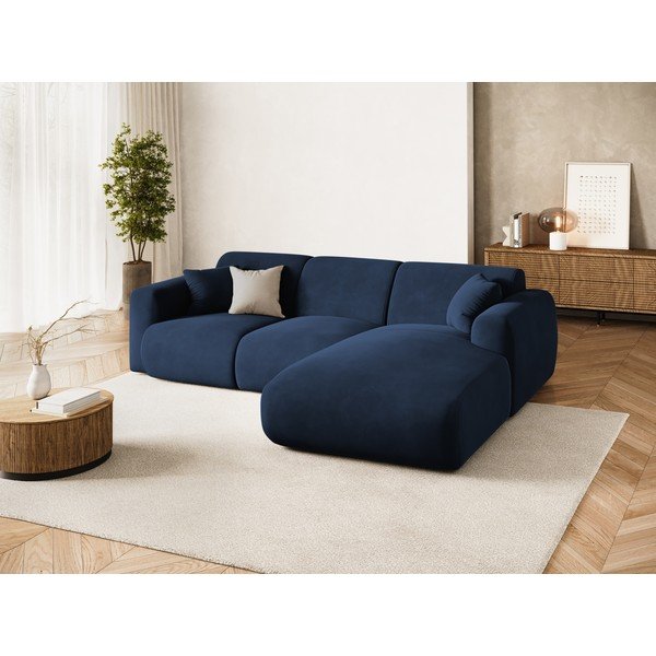 Tamsiai mėlynos spalvos kampinė sofa iš velveto (su dešiniuoju kampu/su gultu) Molino – Micadoni -image-1