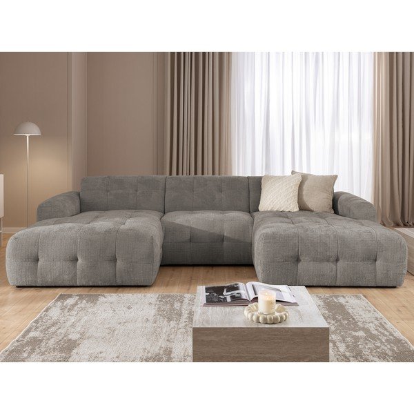 Pilkos spalvos kampinė sofa („U“ formos/su gultu) Melva – Ropez-image-1