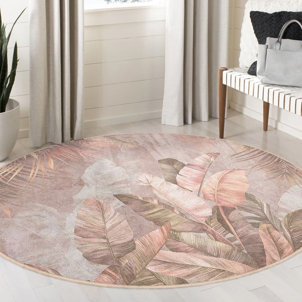 Skalbiamas apvalios formos kilimas šviesiai rožinės spalvos ø 120 cm Dusty Leaves – Mila Home-image-3