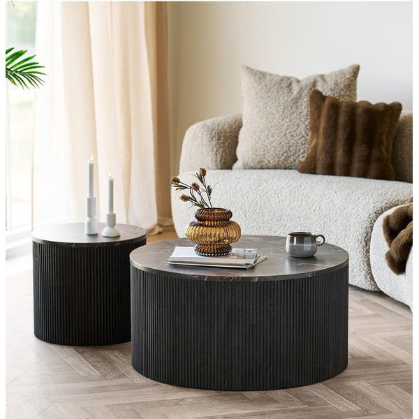 Tamsiai rudos spalvos apvalios formos kavos staliukas su marmuro dekoro stalviršiu ø 80 cm Rota – House Nordic-image-1