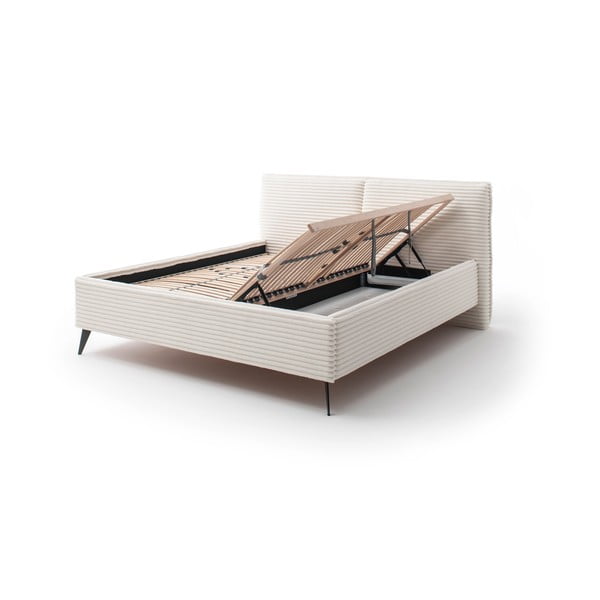 Smėlio spalvos dvigulė lova audiniu dengta su sandėliavimo vieta su lovos grotelėmis 180x200 cm Matera – Meise Möbel-image-2