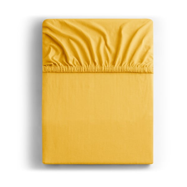 Geltona elastinė paklodė iš medvilnės DecoKing Amber Collection, 220/240 x 200 cm