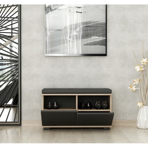 Spintelė batams juodos spalvos/natūralios spalvos su suoliuku iš riešutmedžio Drago – Kalune Design-image-4