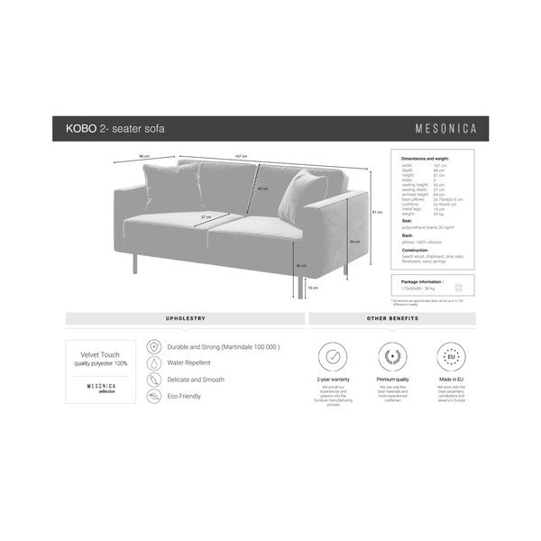 Sofa mėlynos spalvos iš velveto 167 cm Kobo – MESONICA-image-4