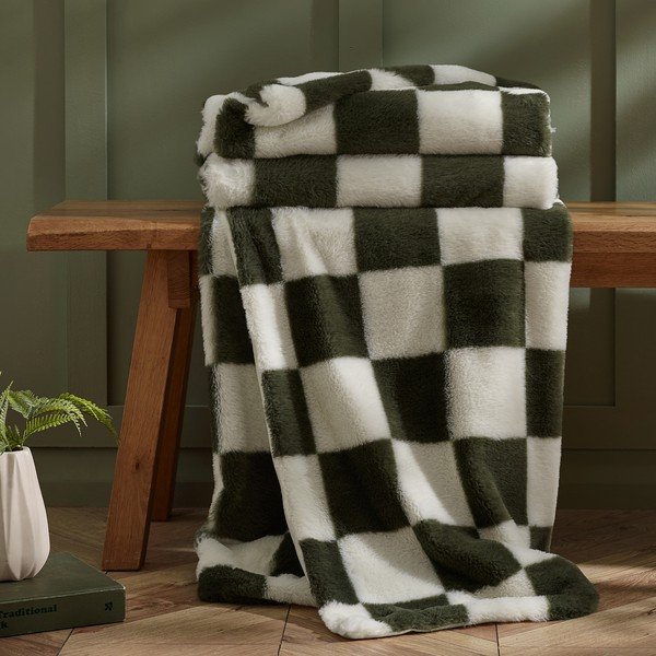 Baltos spalvos/žalios spalvos antklodė ir pledas 130x170 cm Cosy Soft Checkerboard – Catherine Lansfield-image-2