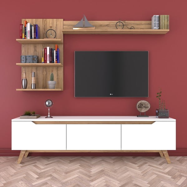 Balto televizoriaus staliuko ir 2 sieninių lentynų rinkinys iš riešutmedžio medienos "Wren