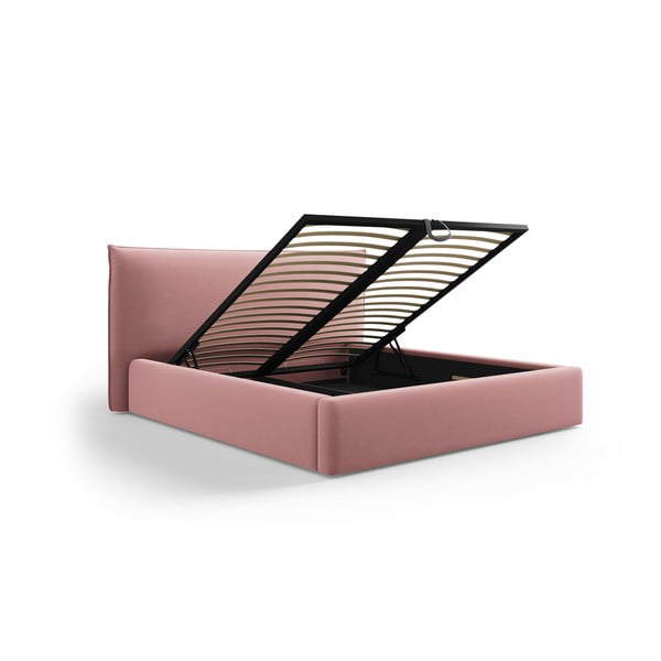 Dvigulė lova rožinės spalvos audiniu dengta su sandėliavimo vieta su lovos grotelėmis 160x200 cm Elio – Milo Casa-image-2