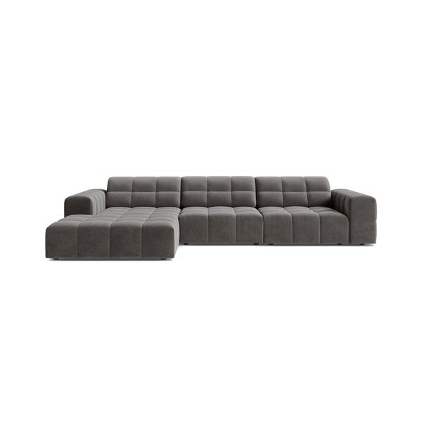 Pilkos spalvos kampinė sofa iš velveto (su kairiuoju kampu/su gultu) Chicago – Cosmopolitan Design