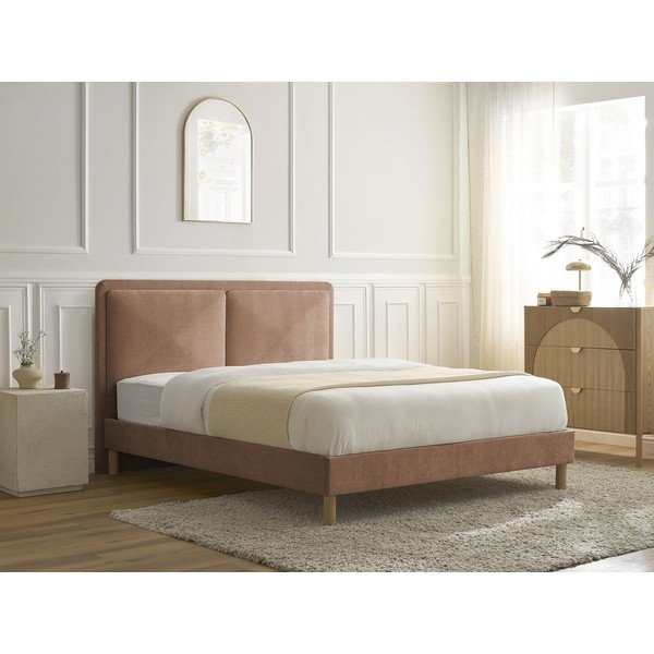 Pilkai rožinės spalvos iš audinio dvigulė lova audiniu dengta su lovos grotelėmis 140x190 cm Mara – Bobochic Paris-image-1