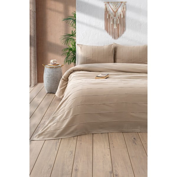 Lovatiesės, paklodės ir pagalvių užvalkalų rinkinys iš medvilnės smėlio spalvos 210x220 cm Sedef – Mijolnir