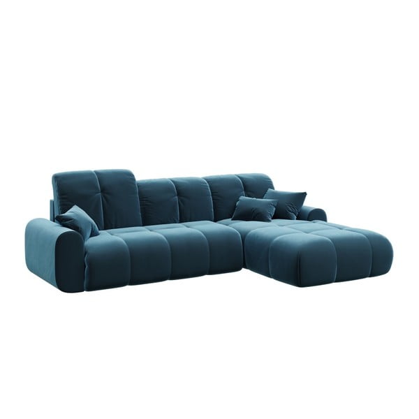 Tamsiai mėlyna aksominė kampinė sofa-lova Devichy Tous, dešinysis kampas