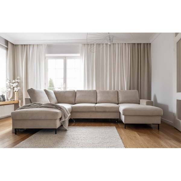 Iš kordinio velveto sulankstoma kampinė sofa smėlio spalvos (su kairiuoju kampu) Lofty Lilly – Miuform-image-1