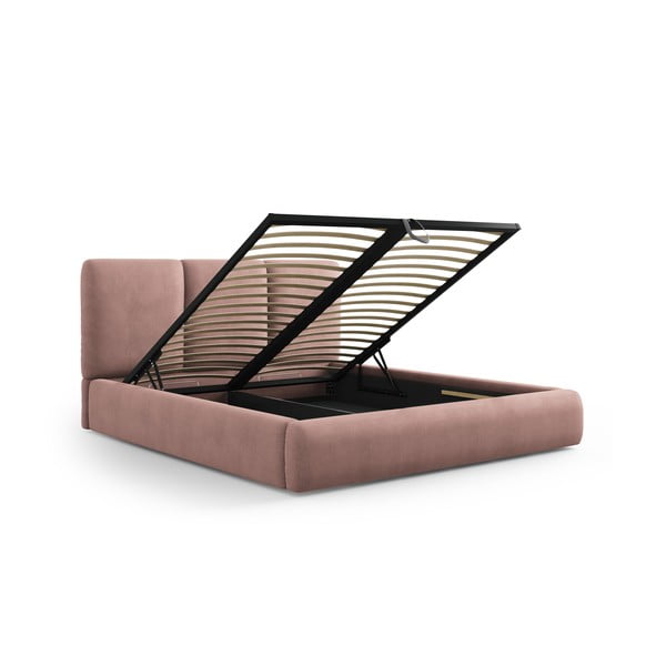 Dvigulė lova šviesiai rožinės spalvos audiniu dengta su sandėliavimo vieta su lovos grotelėmis 160x200 cm Brody – Mazzini Beds-image-2