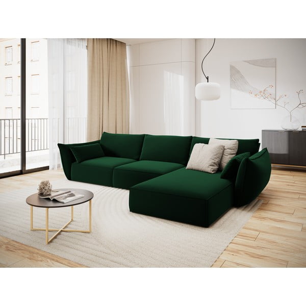 Tamsiai žalios spalvos iš velveto kampinė sofa (su dešiniuoju kampu/su gultu) Vanda – Mazzini Sofas-image-1