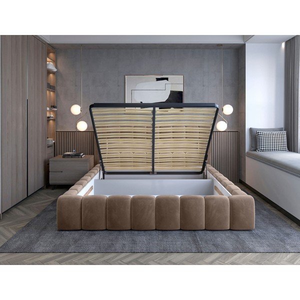 Šviesiai rudos spalvos dvigulė lova dengta audiniu su sandėliavimo vieta su lovos grotelėmis 140x200 cm Lamica – ELTAP-image-2