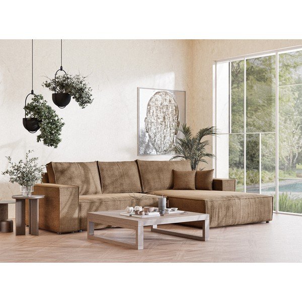 Šviesiai rudos spalvos sulankstoma/su sandėliavimo vieta kampinė sofa iš šenilinio audinio (su dešiniuoju kampu/su gultu) Maze – Maison de Rêve-image-1