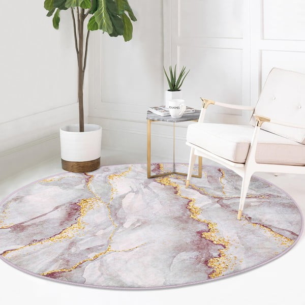 Skalbiamas šviesiai rožinės spalvos/auksinės spalvos apvalios formos kilimas ø 120 cm Marble – Mila Home-image-2