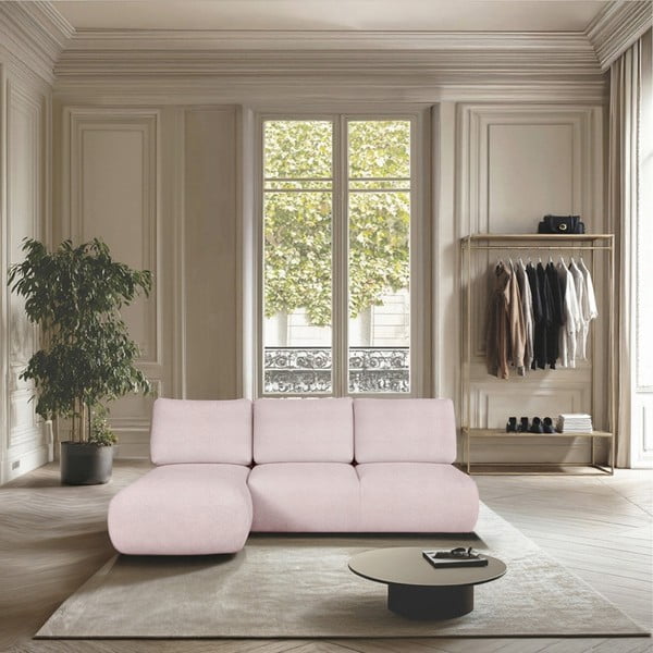 Šviesiai rožinės spalvos iš boucle kampinė sofa (su kairiuoju kampu/su gultu) Mirel – Rodier-image-1