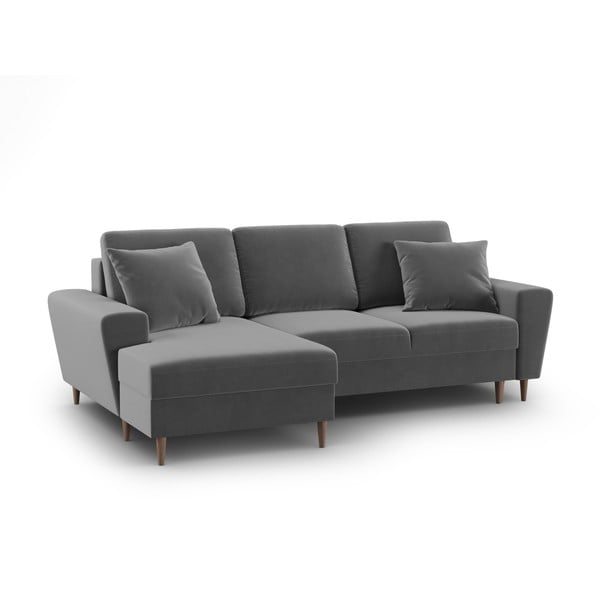 Šviesiai pilkos spalvos iš velveto sulankstoma/su sandėliavimo vieta kampinė sofa (su kairiuoju kampu/su gultu) Kyoto – Cosmopolitan Design-image-1