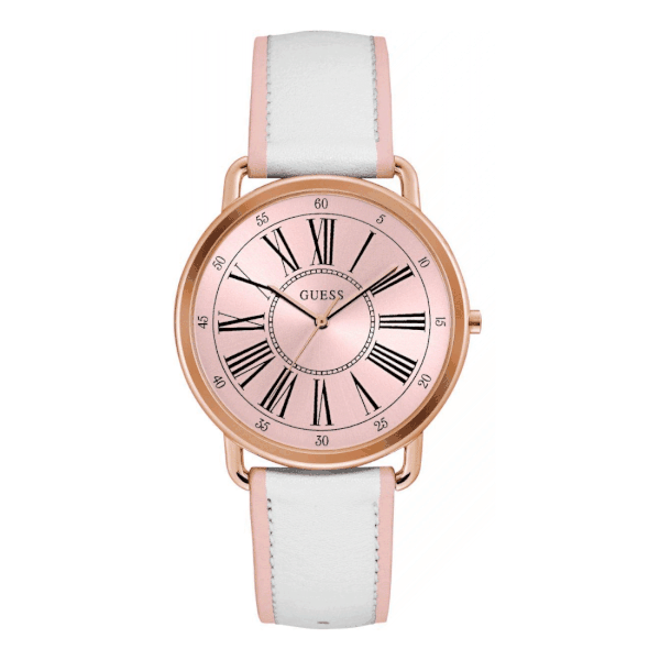 Moteriškas laikrodis su baltu natūralios odos dirželiu Guess W0032L8